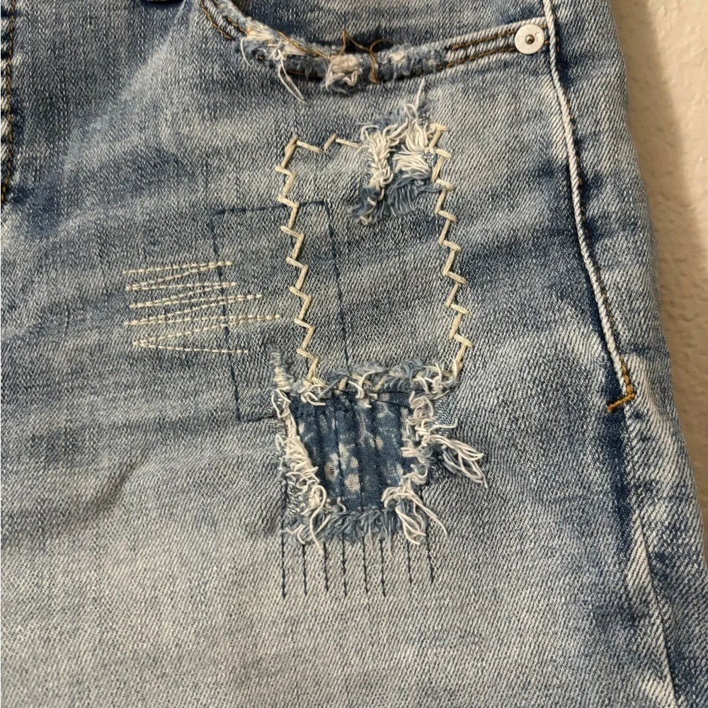 Anthropologie Pilcro Patchwork Distressed Blue Jean Shorts. Slim Boyfriend. 29 - Picture 3 of 14
